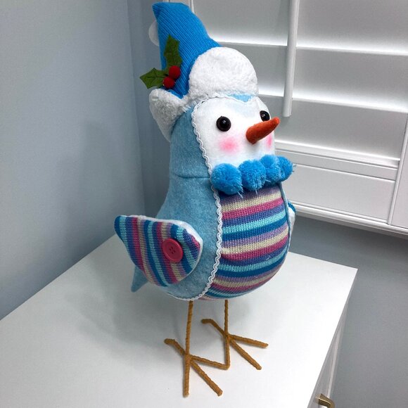 Christmas Big Fabric Bird Decor Holiday Winter Blue Sweater Hat Jumbo - Picture 2 of 9
